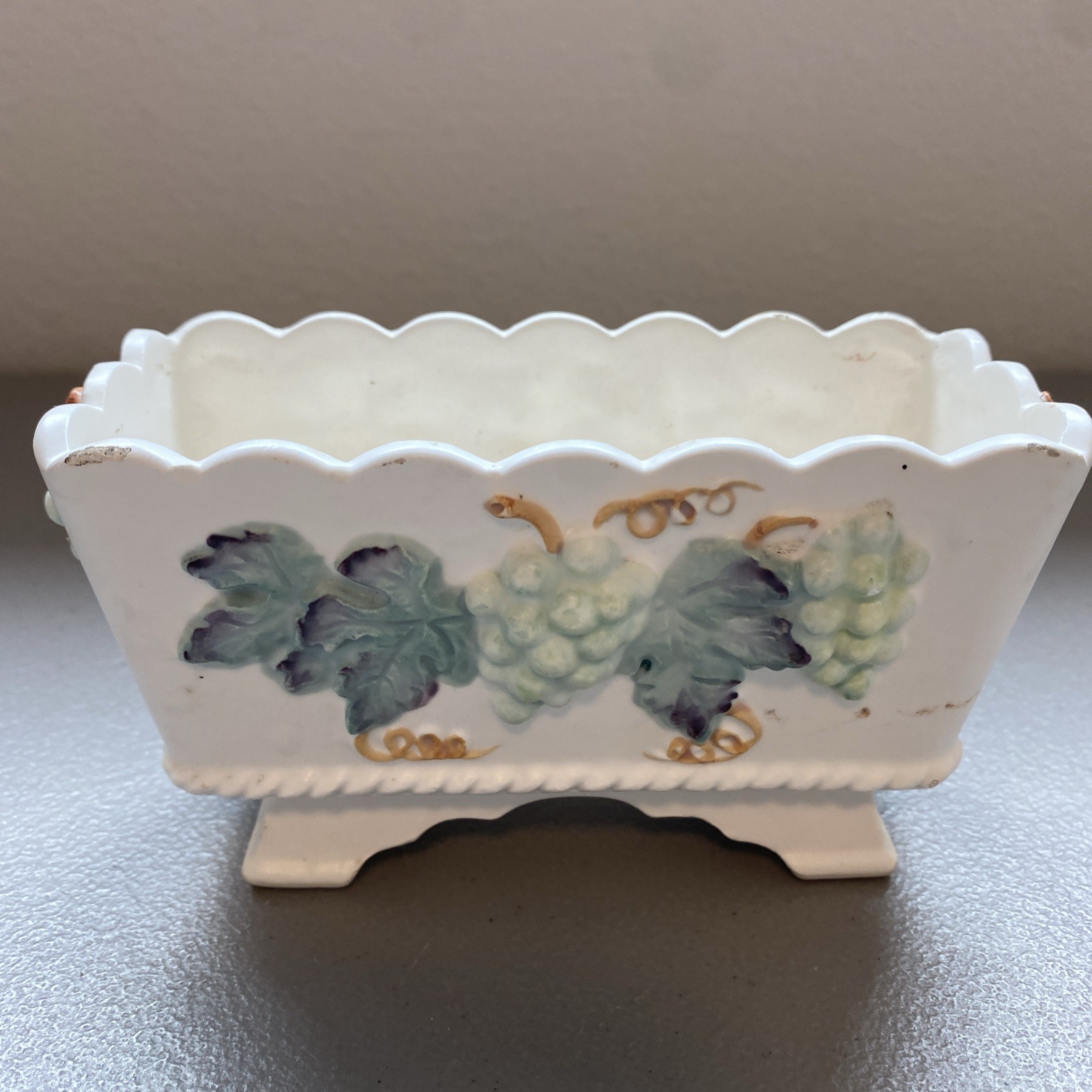 Small Planter Hand Painted Made In Japan White With Green Grapes Vintage