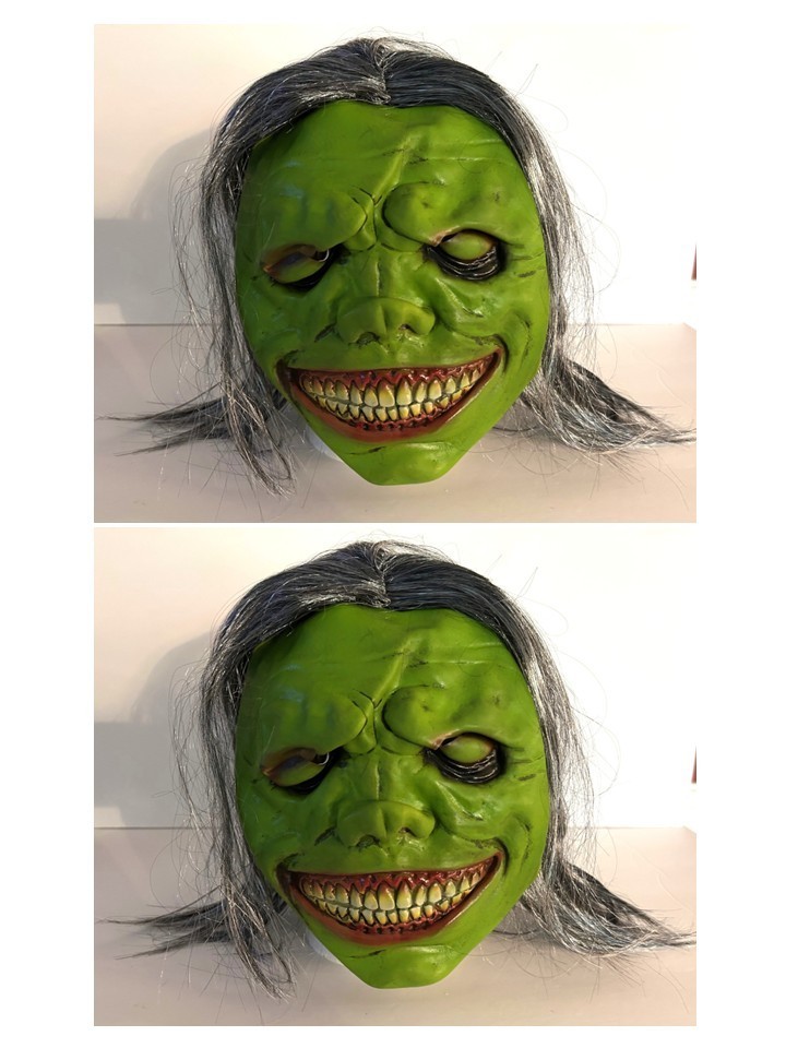 (2) SPOOKY GREEN SMILING DEMON HORROR FACE HALLOWEEN MASKS – ONE SIZE FITS ALL