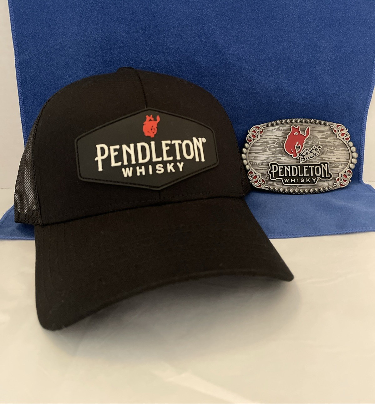 Pendleton Whiskey LET’ER BUCK Mesh Snapback Black Hat w/4″ Metal Belt Buckle