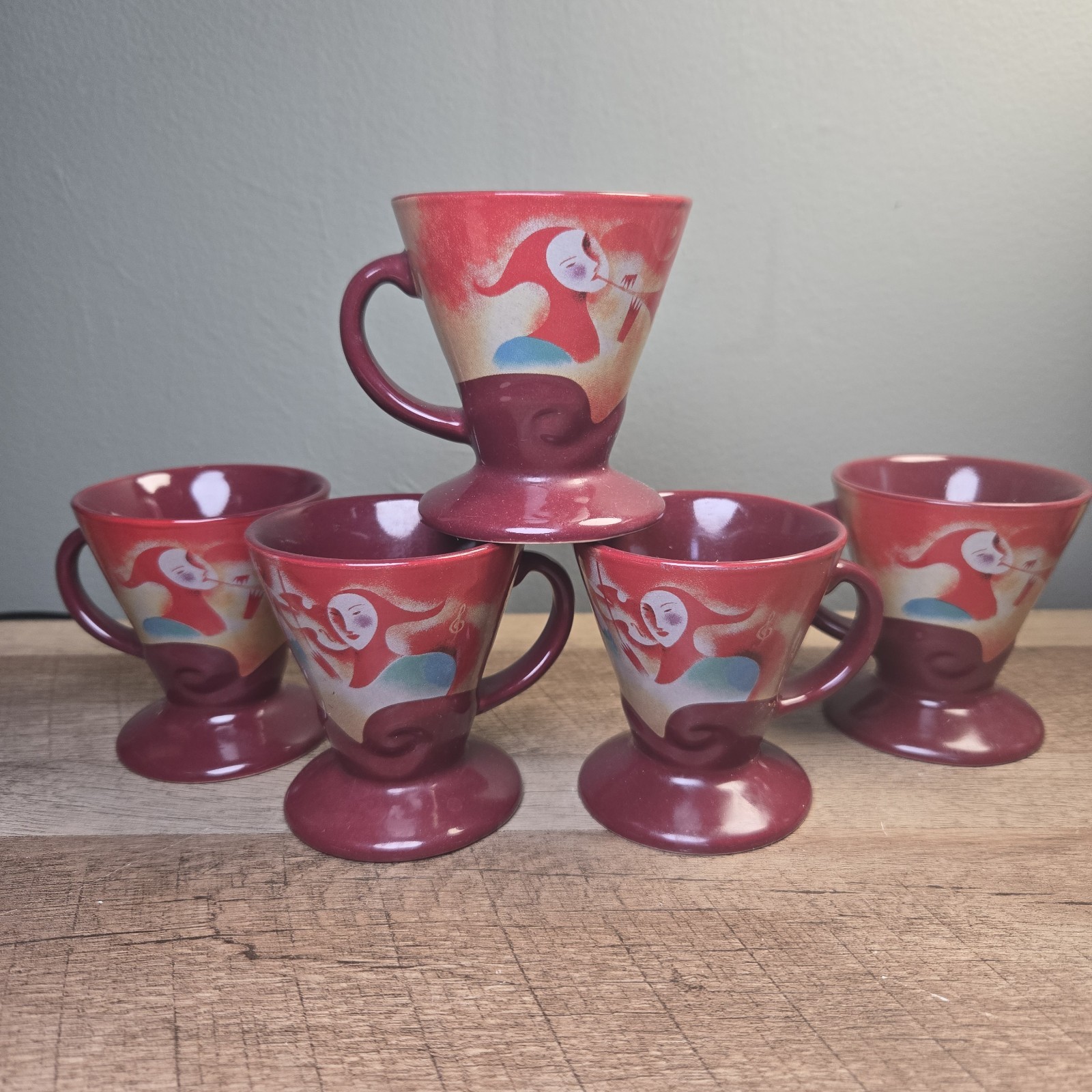 4 FRANGELICO LIQUEUR EXPRESSO Cups Mugs LINDA FRICHTEL 1999 Set of 5 Maroon Red