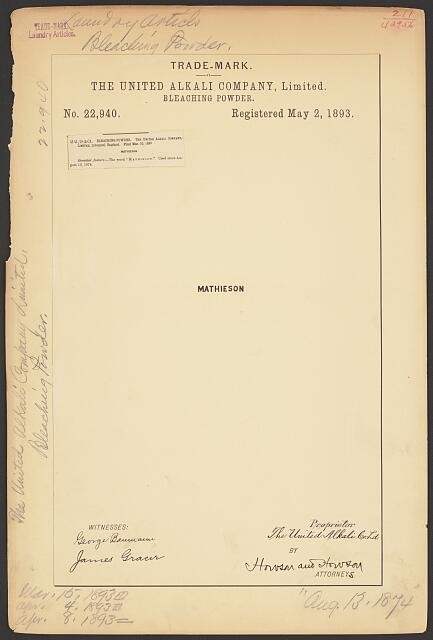 1893 United Alkali Company Mathieson Bleaching Powder Trademark Registration