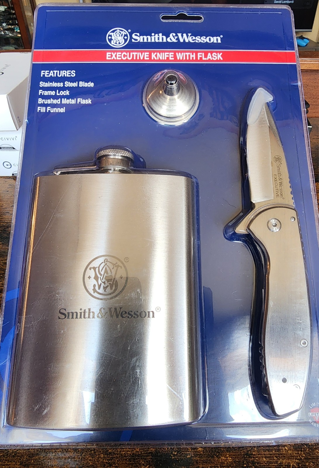 Smith & Wesson Executive Knife and 8oz. Brushed Metal Flask with Fill Funnel