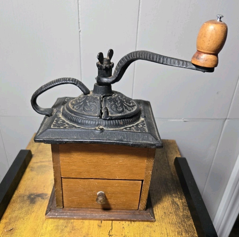 Antique Ornate Cast Iron and Wood Coffee Grinder Finger Jointed Box