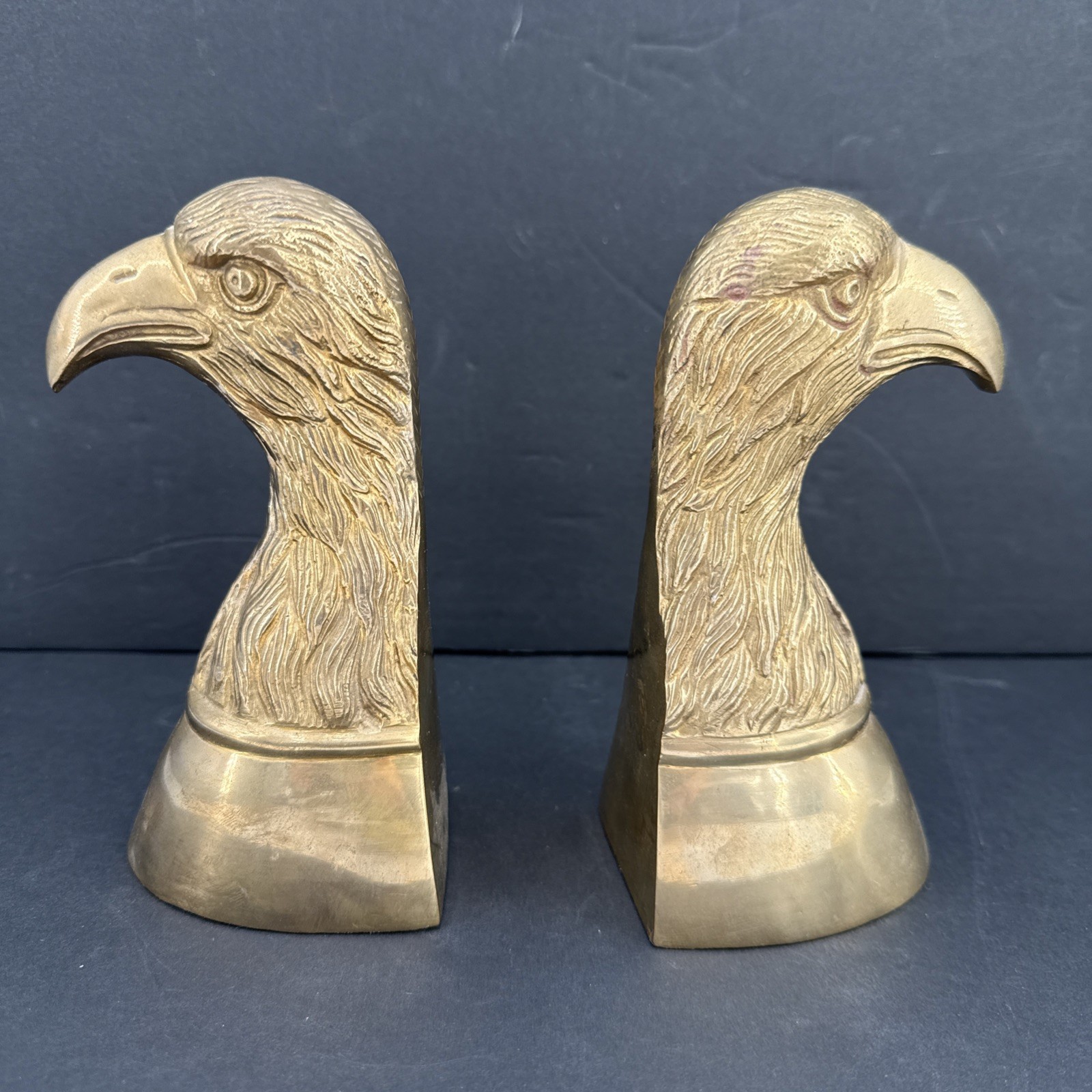 Vtg Solid Brass Bald Eagle Head Bookends Pair Americana Office Bird Library 6.5”