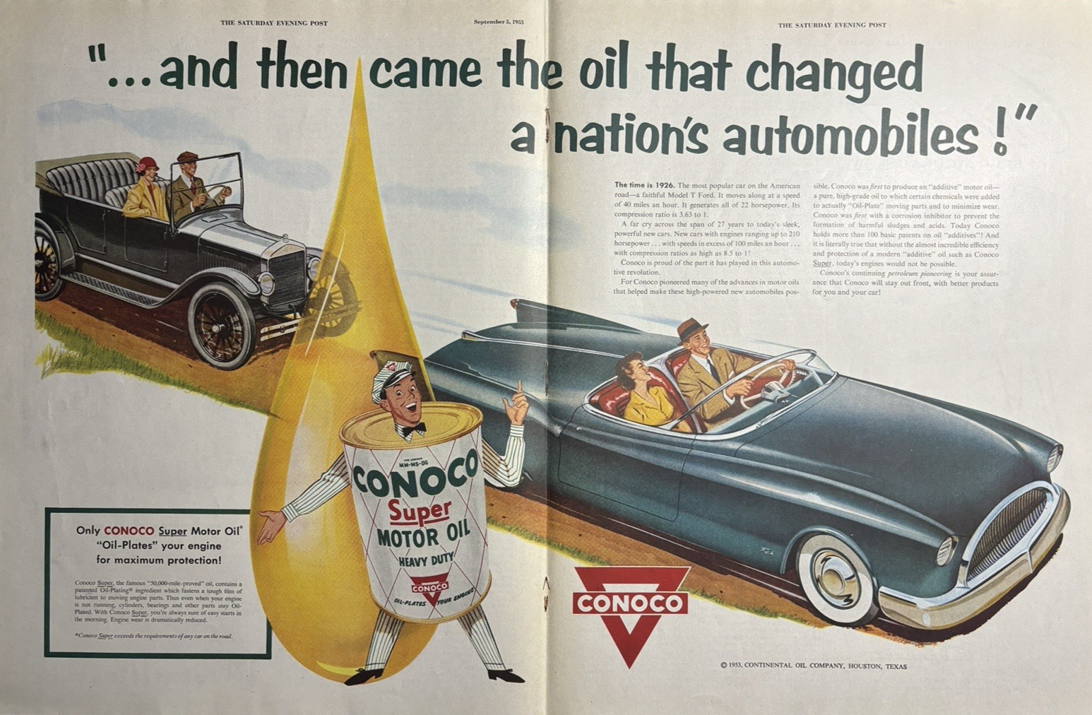 1953 Conoco Motor Oil Super Heavy Duty Nations Automobiles Engine VTG Print Ad