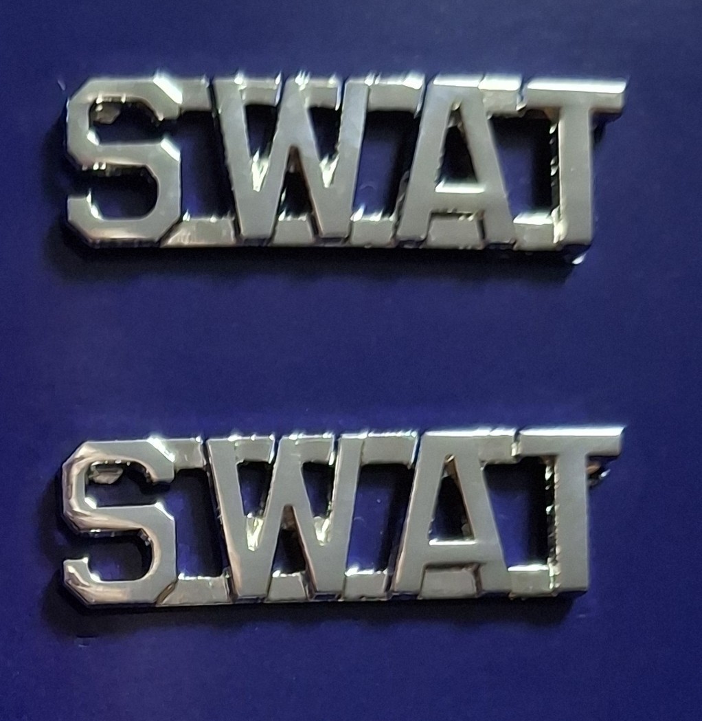SWAT Silver Nickel 3/8″ NO PERIODS Lettering Letters Pair Collar Pins