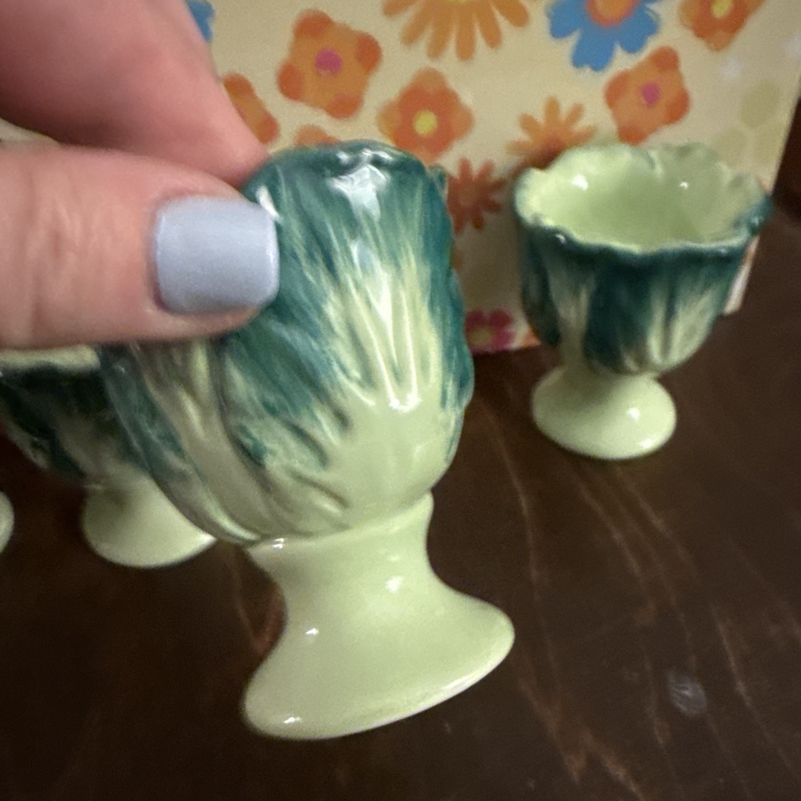 Vintage Ceramic Egg Cups 4 Anthropomorphic 1930’s 1950’s cabbage core