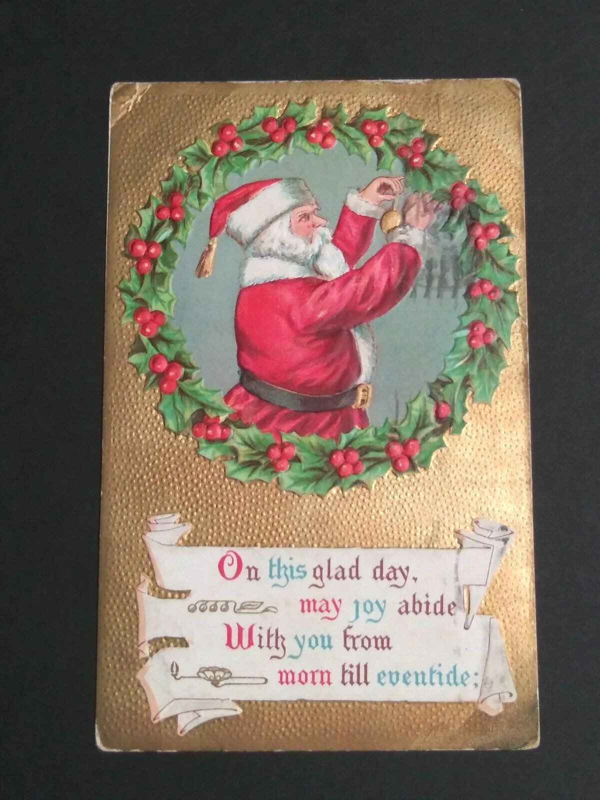 Christmas Santa Inside Wreath Hanging Ornament 1909 Embossed Antique Postcard