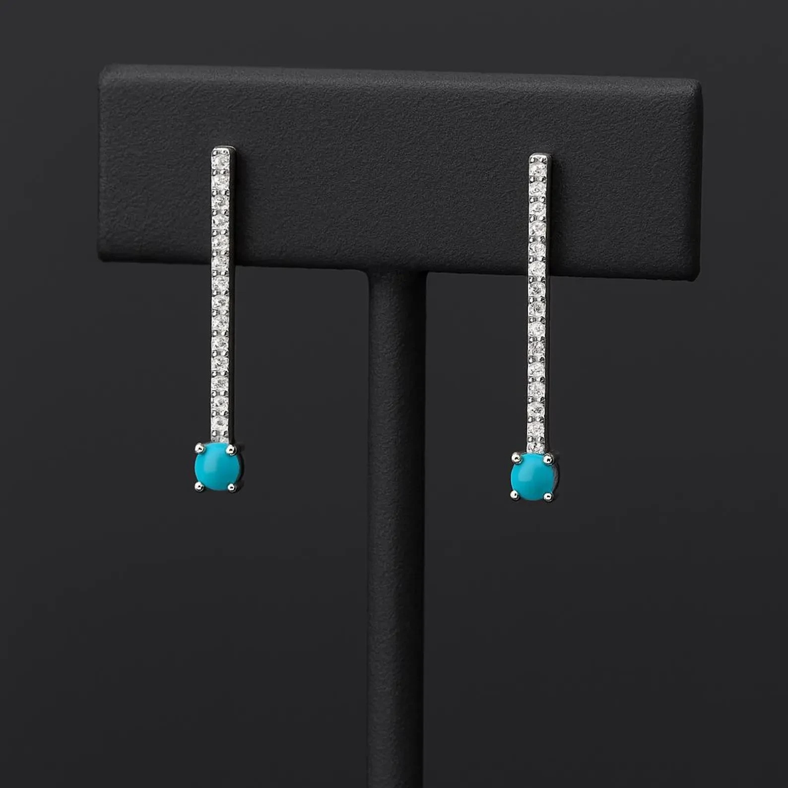 14K White Gold Over Turquoise & Diamond Minimalist Drop Bar Earrings For Women’s