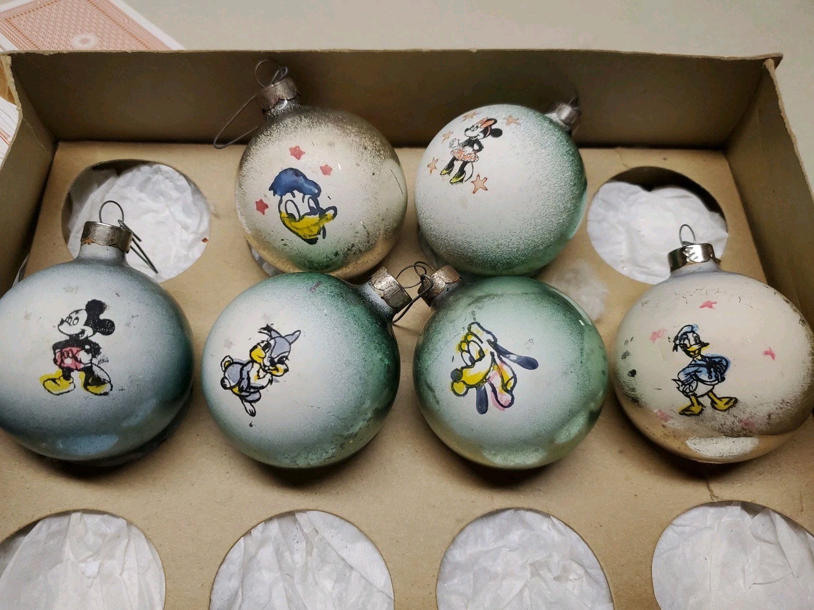 SET 6 1940s Vtg Disney 2 1/2″ Shiny Brite Mercury Christmas Ornaments Mickey