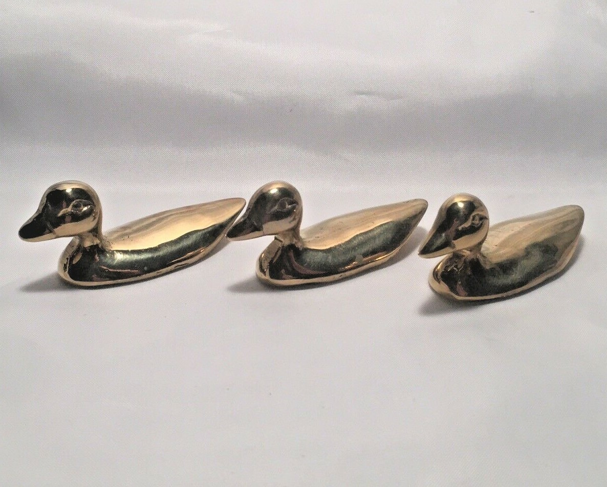 Vintage Gold Solid Brass Mini Duck Mallard Figurine Statue Art Decor 2″ Set of 3