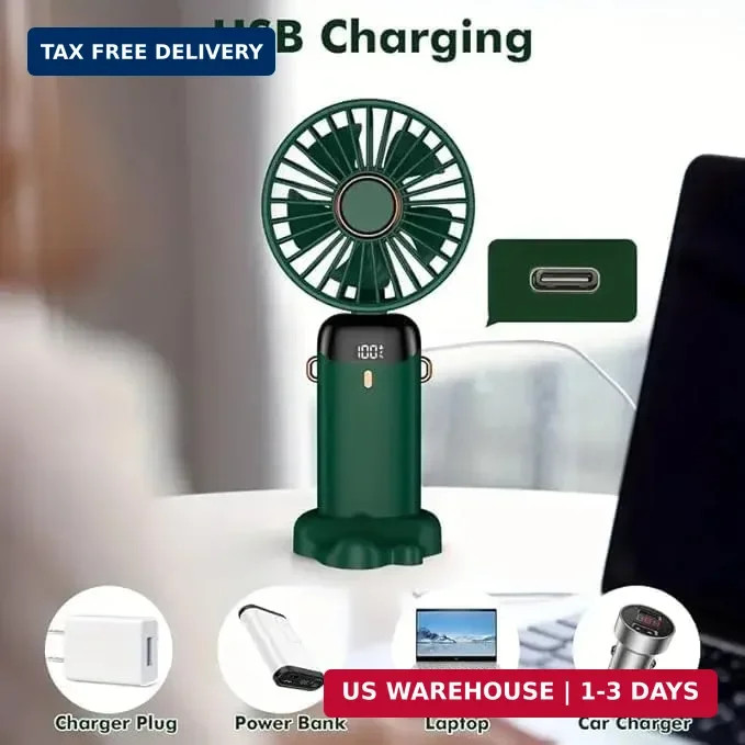 Portable Handheld Fan Battery Operated with Base, 8 Hours, Digital Display, 5 Sp