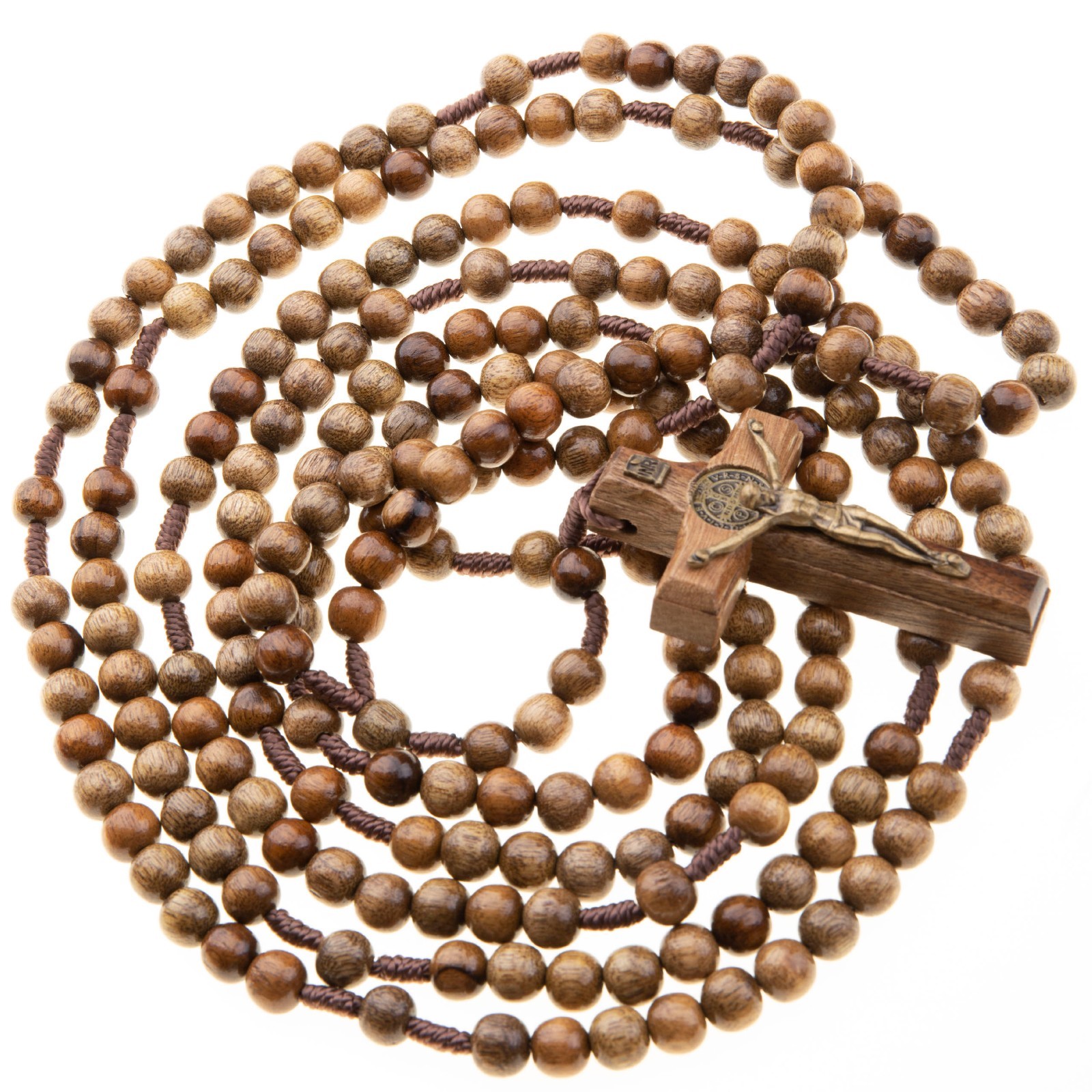 20 Decade Wood Rosary Catholic 7mm Brown Beads Corded St Benedict Crucifix 43″