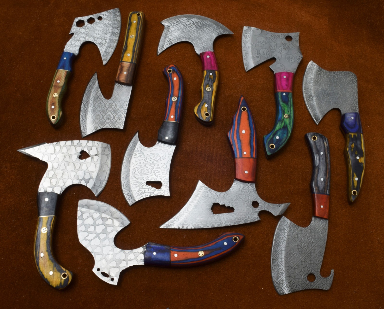 LOT OF 10 HANDMADE STEEL J2 MINI AXE KNIFE WITH EACHING WOOD HANDLE # A-30