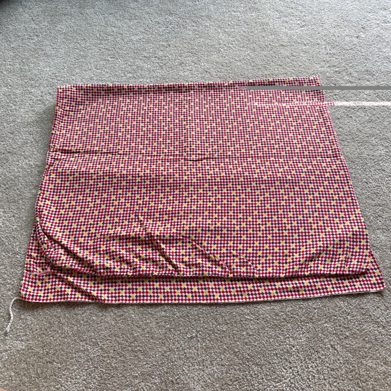 VTG Cloth FEED SACK, Complete & UnOpened Seams Cord Red Blue Plus Sign 21” x 35″