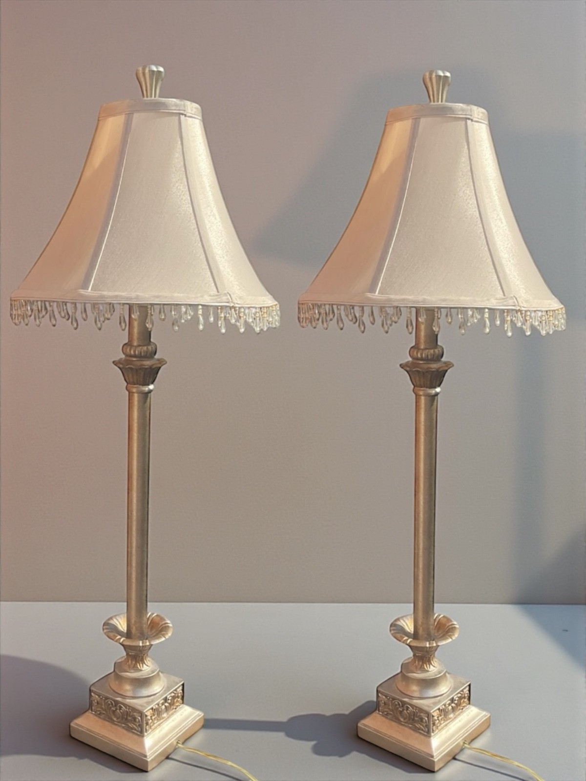 Pair of Neoclassical Style Candlestick Lamps W/ Decorative Beaded Fringe Shade