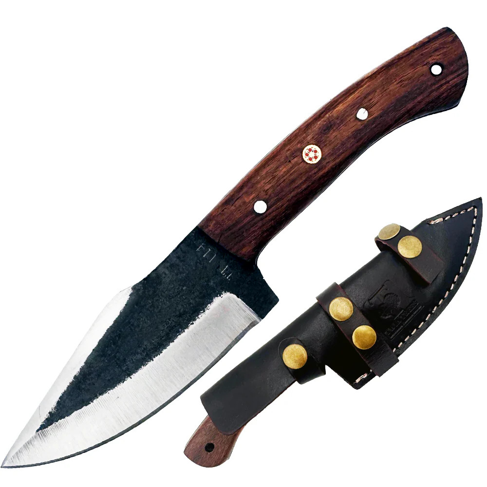 TT 114 4.55″ Twin Tree Black Scale Wood Fixed Blade Hunting Knife with Leather S