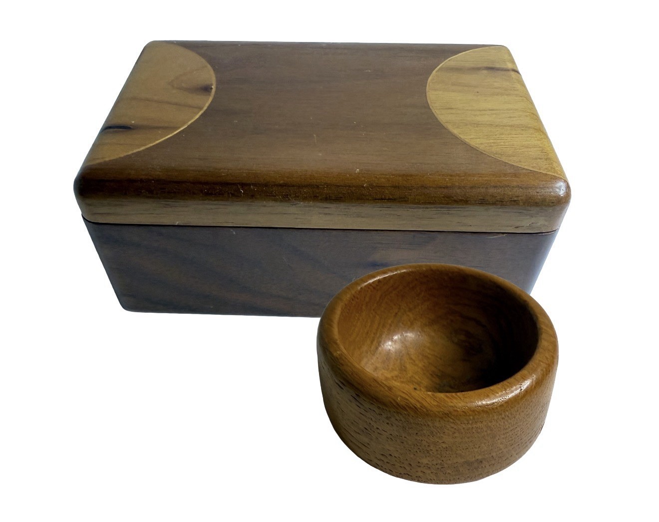 Pair 2 Wooden Jewelry Trinket Box & Bowl Mixed Wood Finished Teak Signed MCM