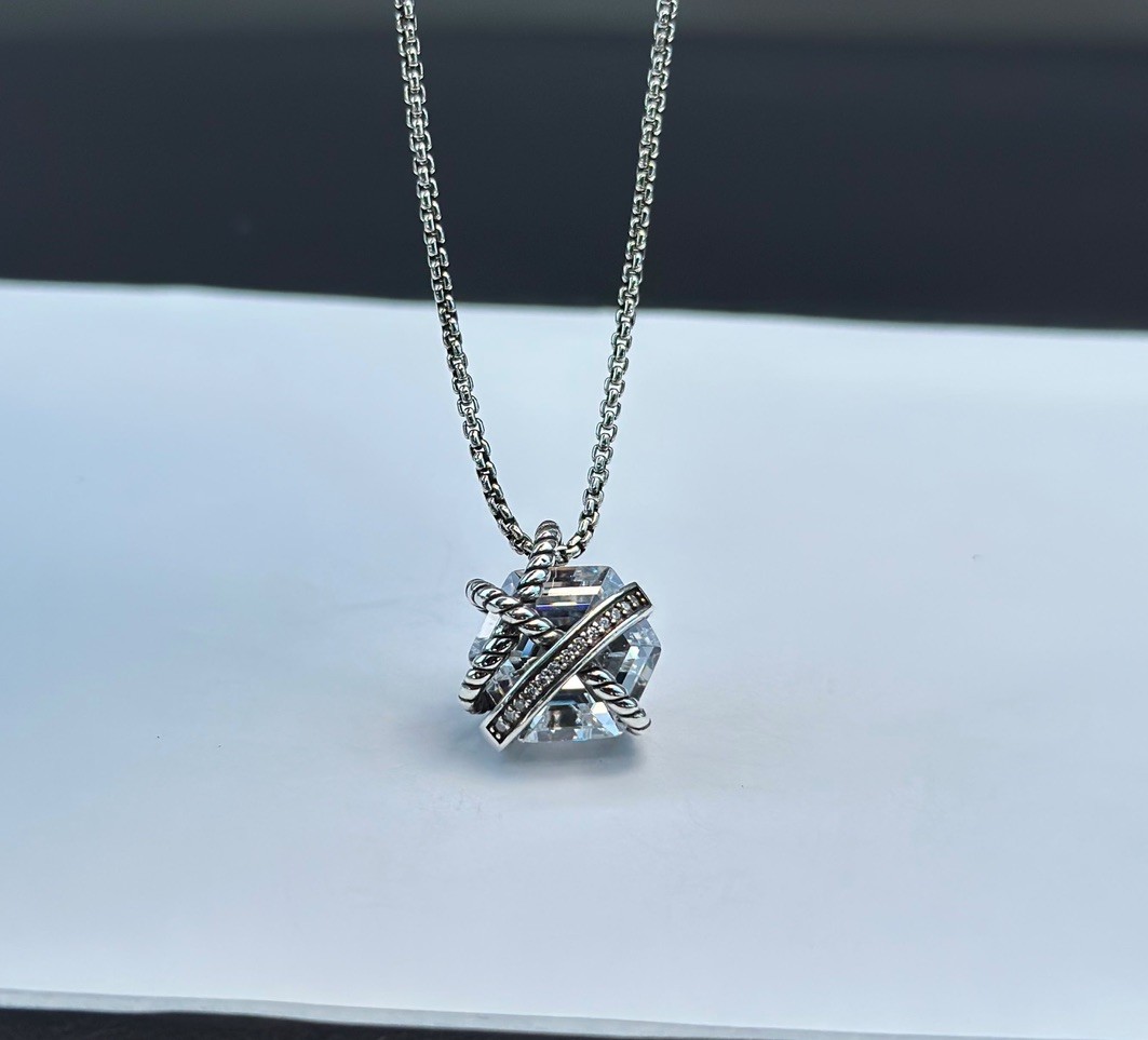 David &Yurman Cable Wrap Pendant 925 Silver White Topaz Necklace & Pavé 18-20 in