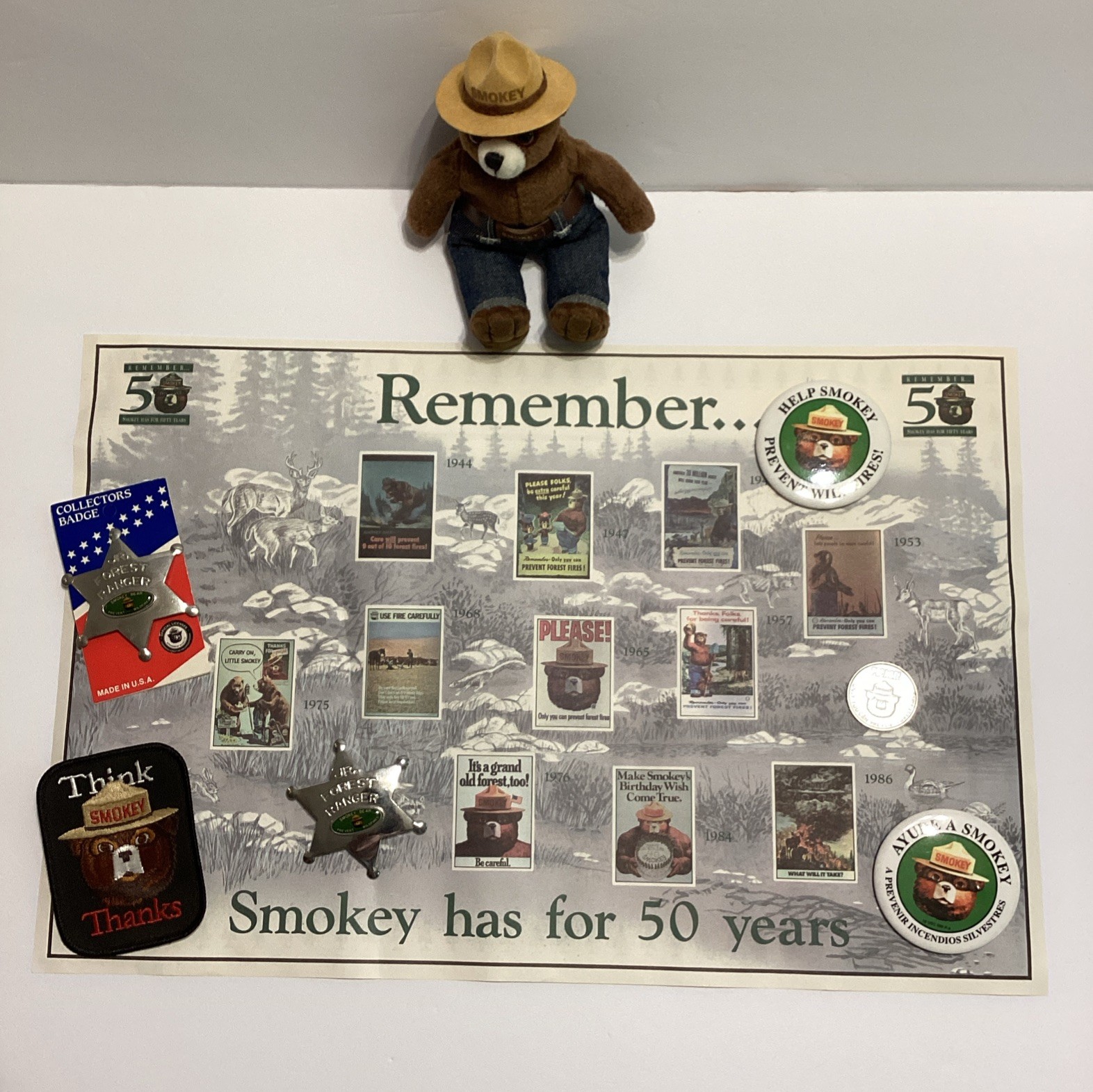 Lot of 8 Smokey The Bear Collectible Badges, Pins, Patch, Plush and Poster