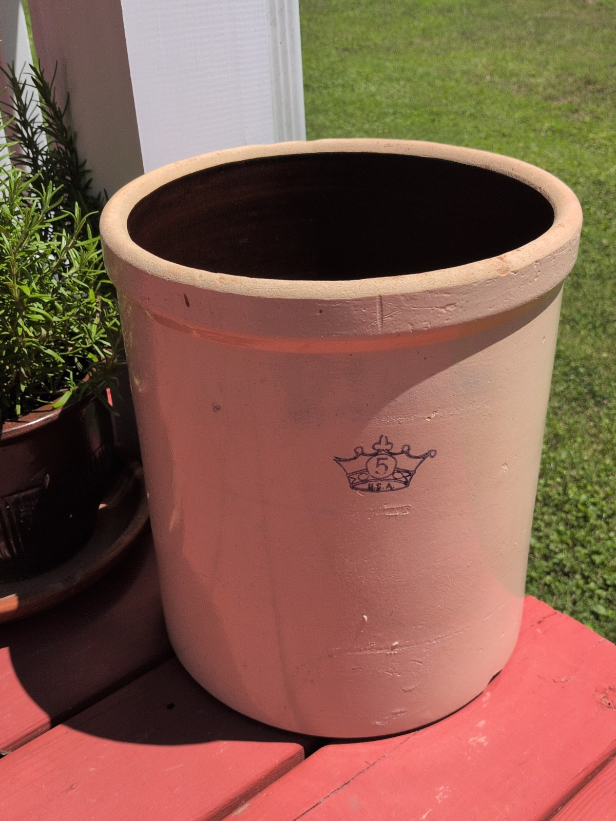 Vtg 5 Gallon Ransbottom Crown Stoneware Crock Blue Crown Made In USA.