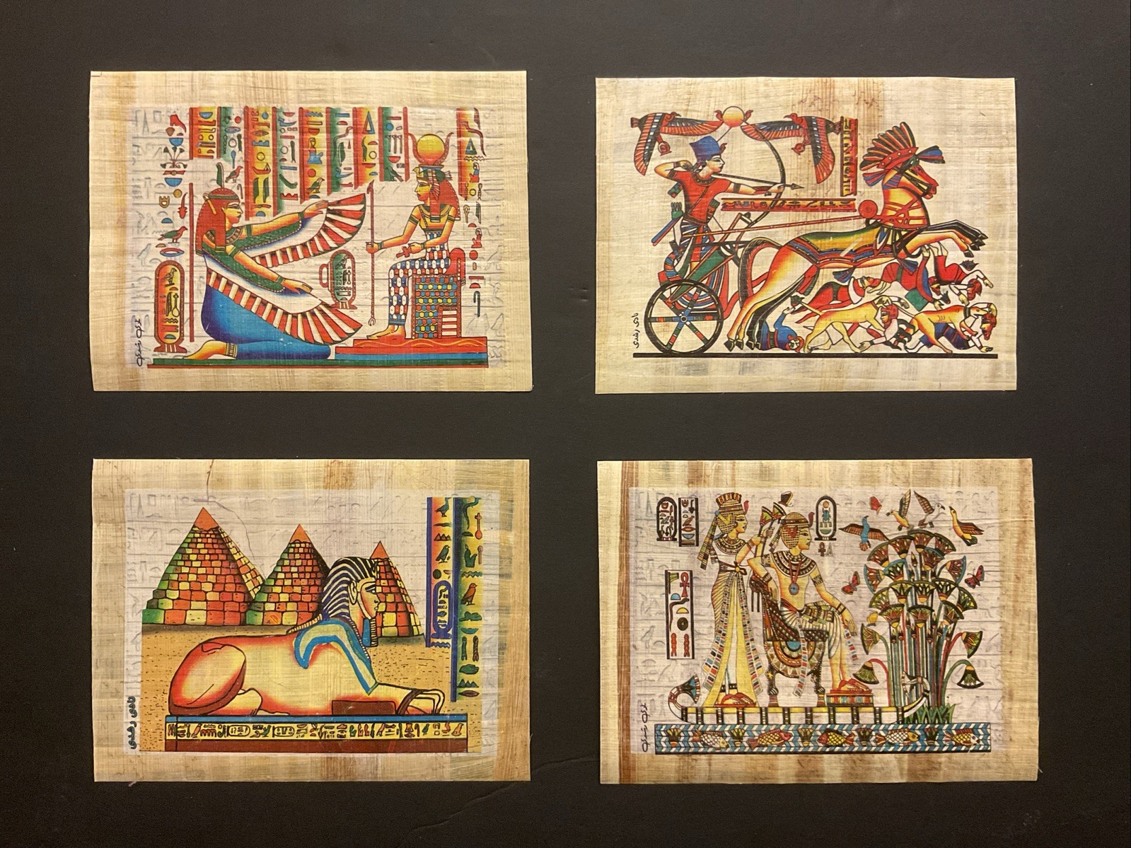 Set of (4) Paintings Vintage Rare genuine Egyptian Papyrus Handmade 6×8”