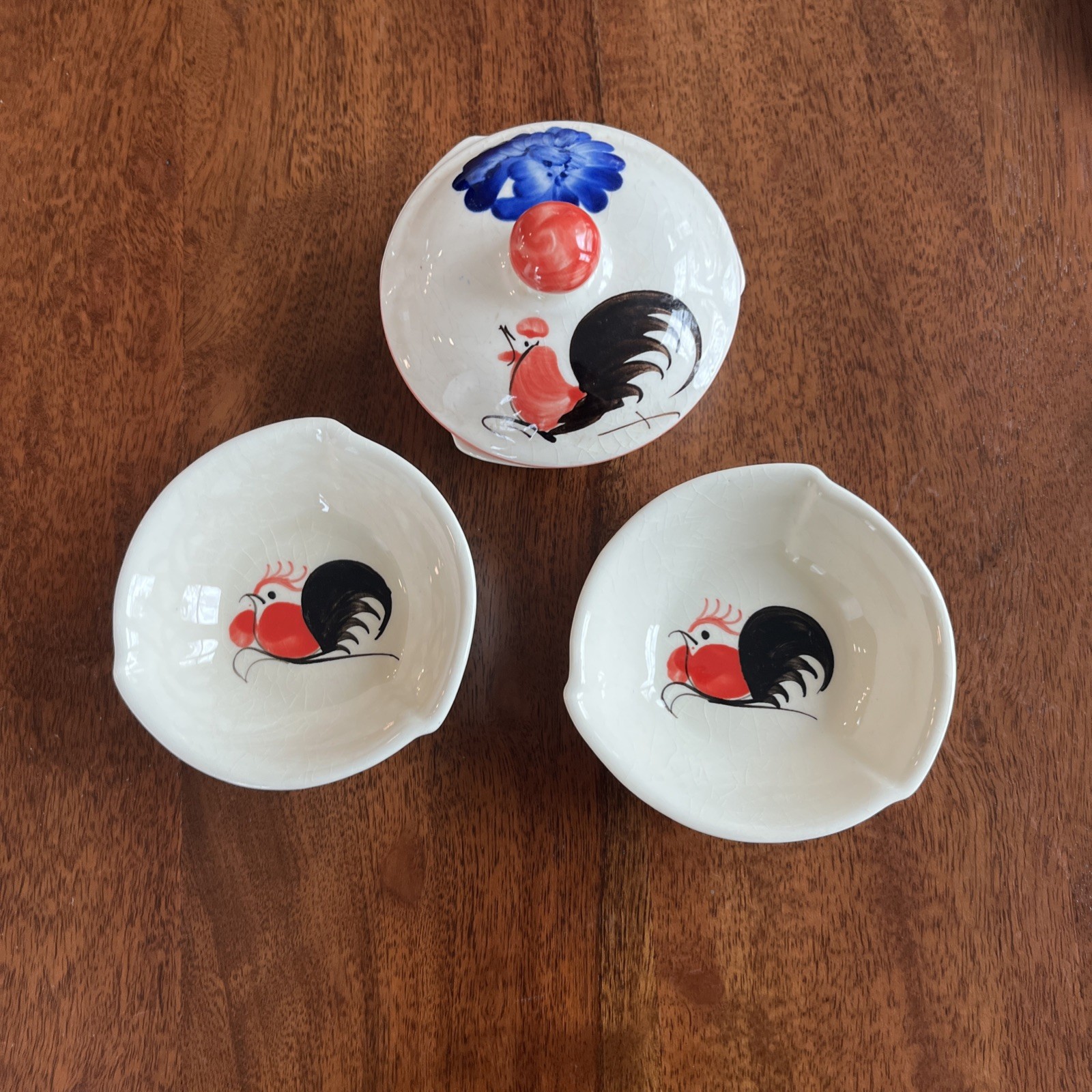 Vintage Rooster Pattern 3 Bowls, 1 Lid Hand Painted Mid-Century Asian Tableware