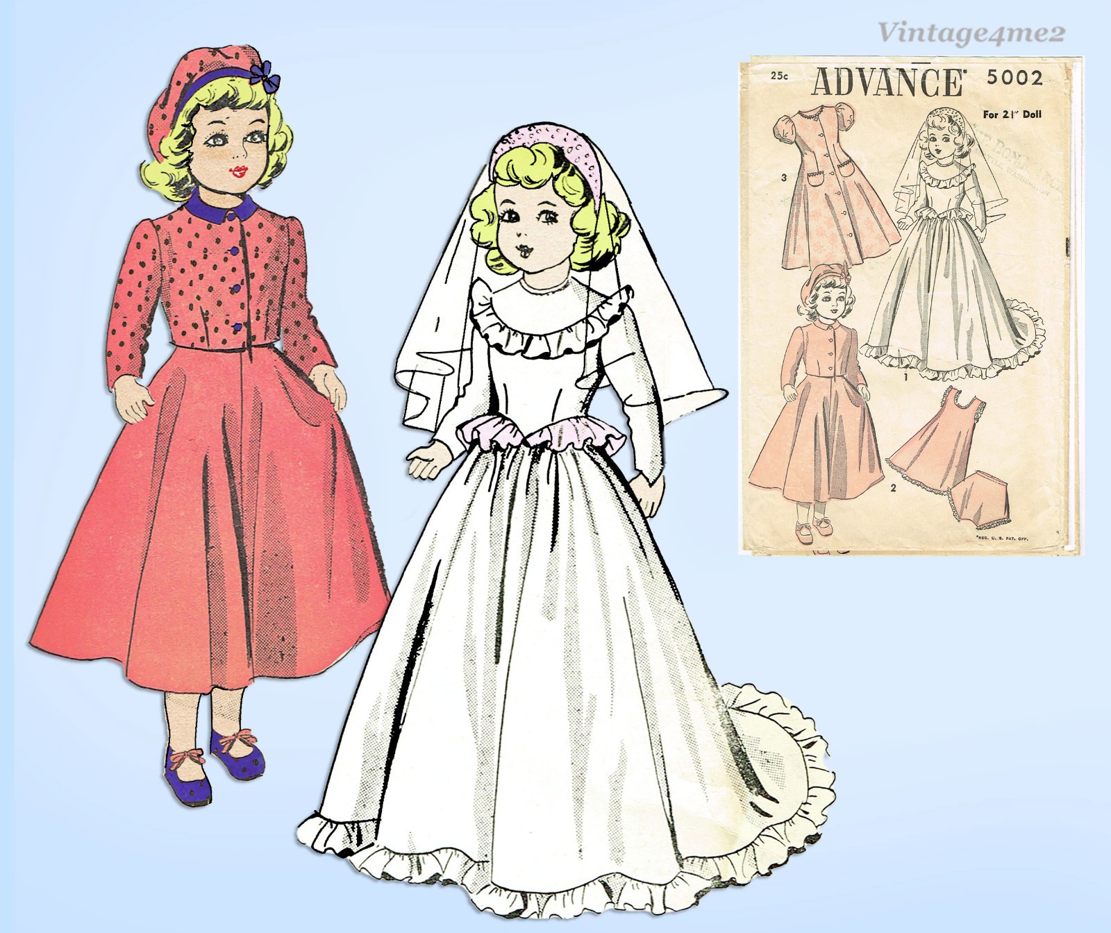 1940s Vintage Advance Sewing Pattern 5002 Rare 21 Inch Bridal Doll Clothes Set