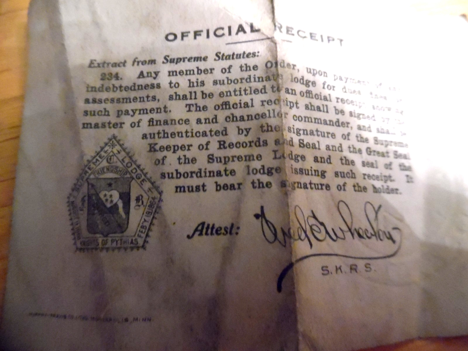 ANTQ 1868-1918 WWl SUPREME LODGE #429 KNIGHTS OF PYTHIAS MIRROR -CASE & RECEIPT