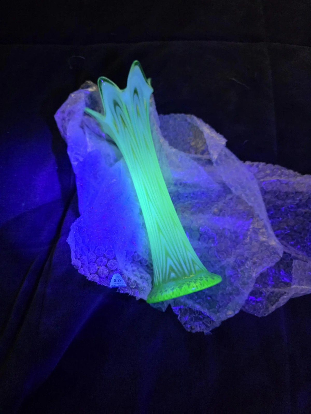 Fenton Green Boggy Bayou Uranium Glass Swung Vase Drape 10.75 Glows