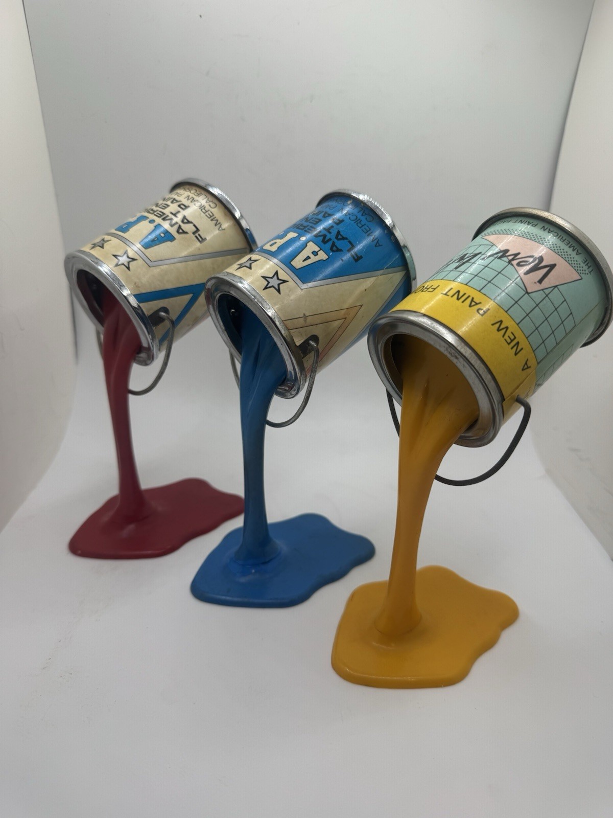 Three Vintage Bank Pop Art Pouring Paint Cans Coin Bank Red Blue Yellow Japan