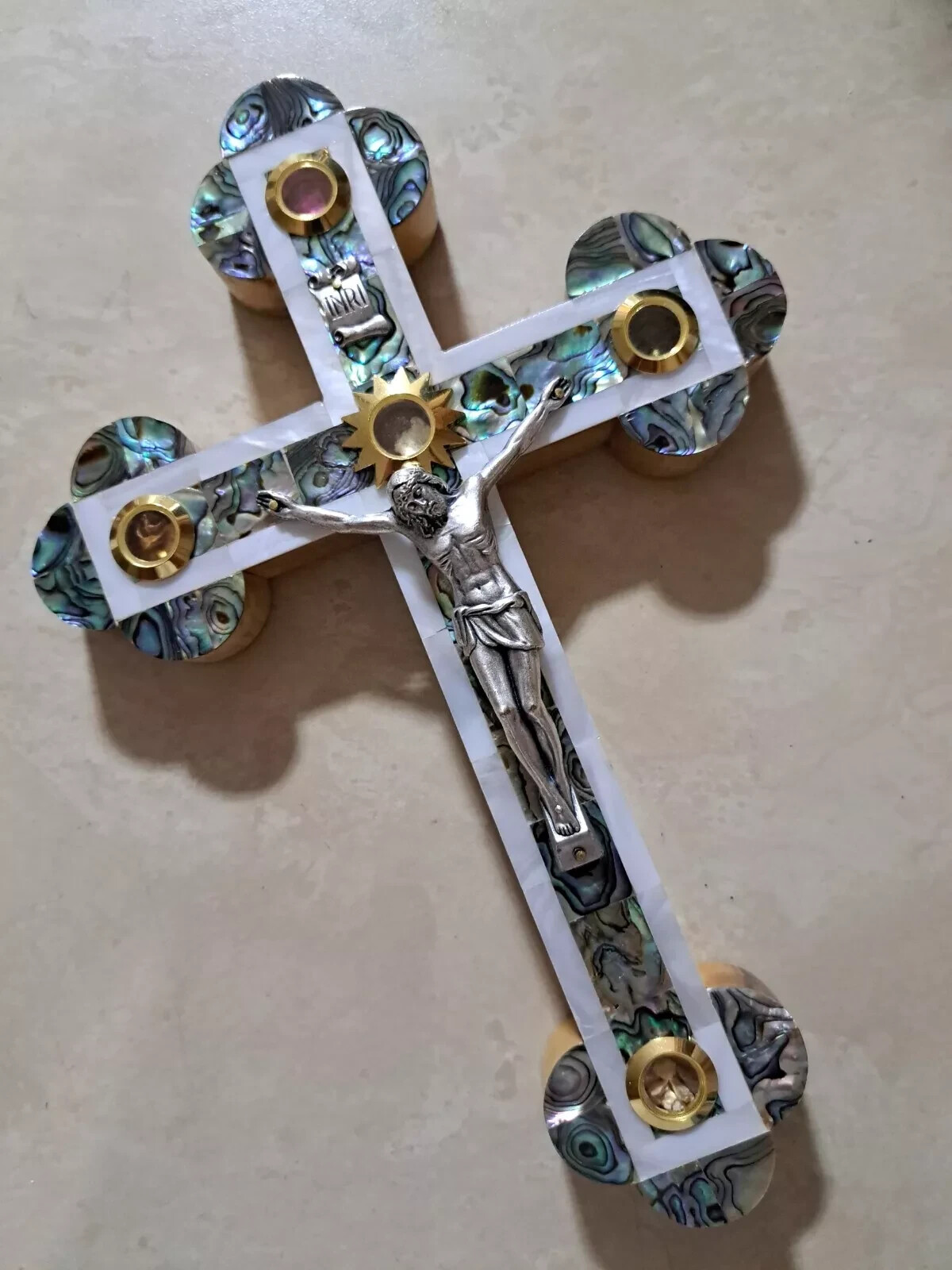 Olive Wood Cross Jerusalem Mother of Pearl Holy Land Crucifix Wall Hand Made