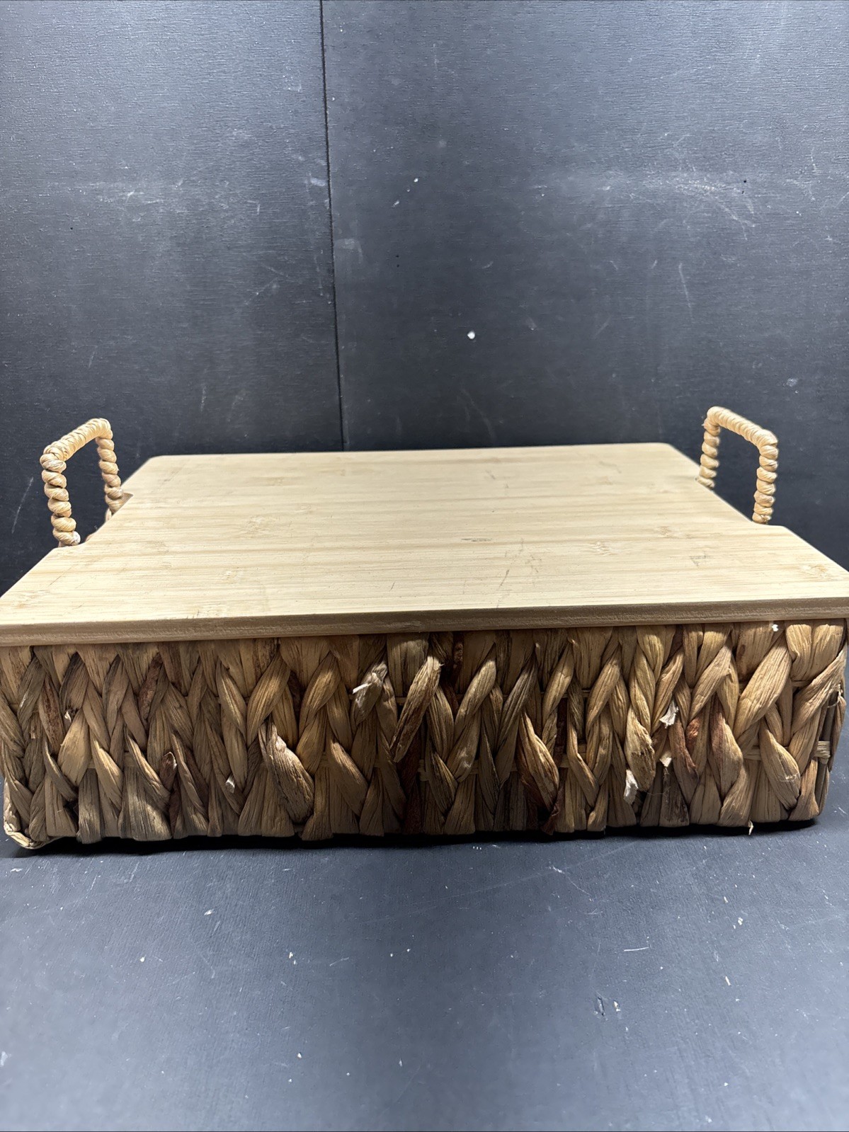 Water Hyacinth Woven Basket with Dividers And A Removable Bamboo Lid.