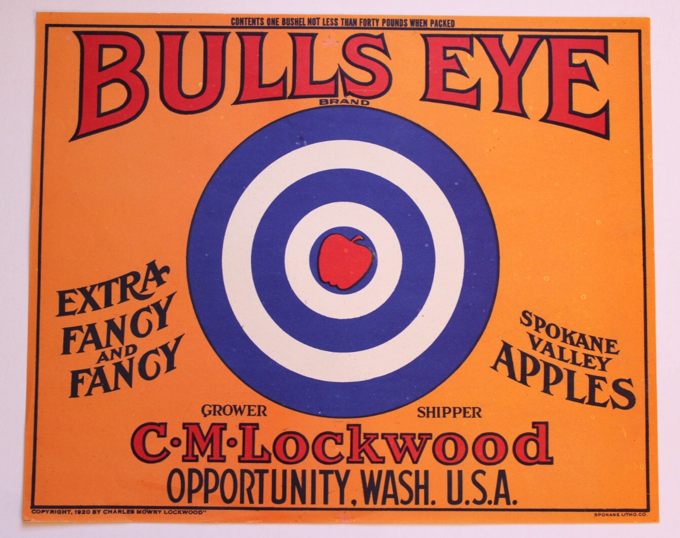 Original Bulls Eye apple crate label Opportunity Washington Lockwood org target