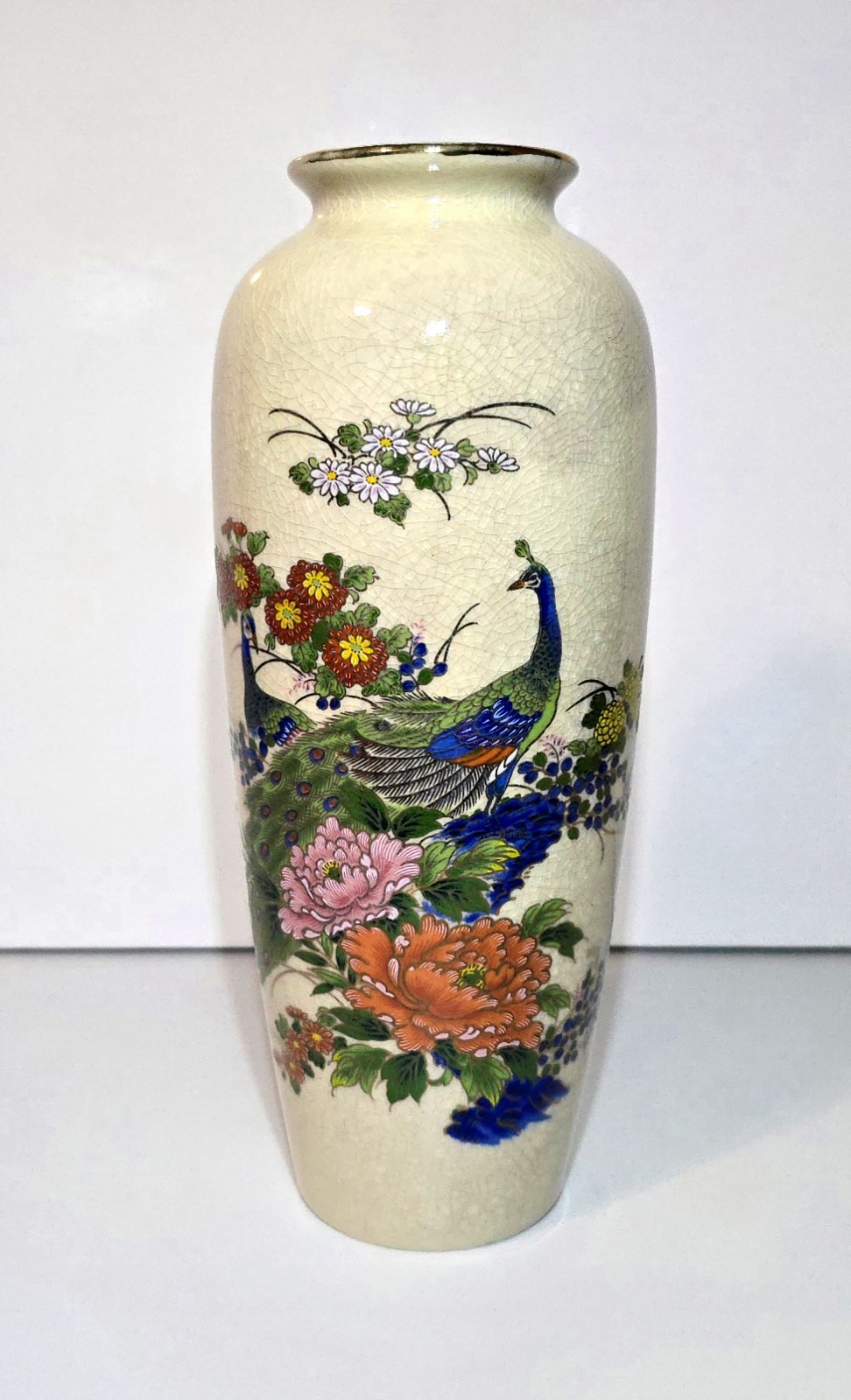 Japanese Kutani Peacock Floral 8.75″ Vase Vintage Asian Ceramic Home Decor