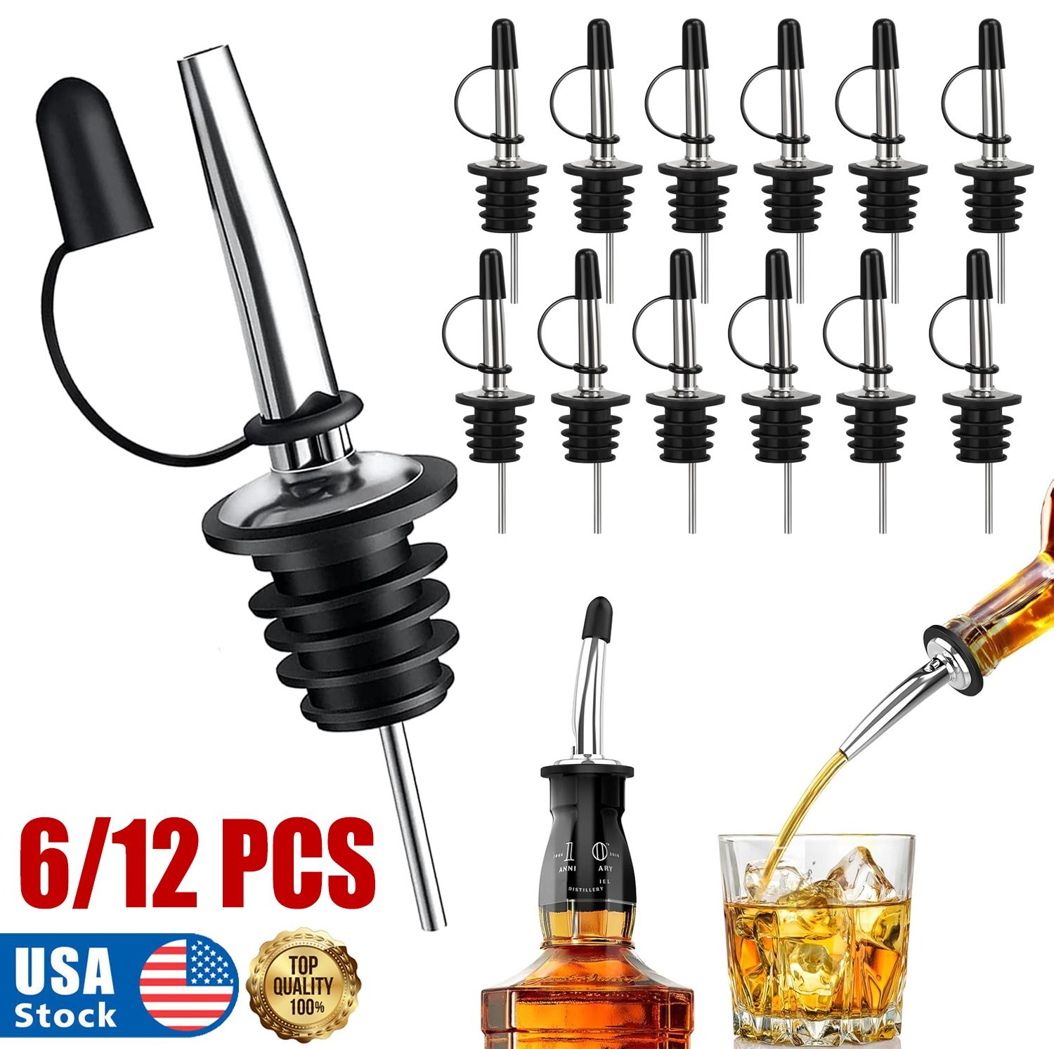 12Pack Liquor Pour Spout, Stainless Steel Classic Bottle Pourers with Rubber USA