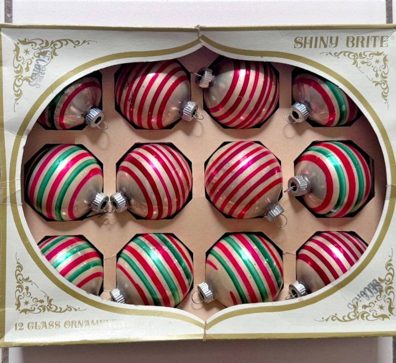 Vintage 1960s Shiny Brite Set of 12 Striped Glass Christmas Ornaments w/ Box