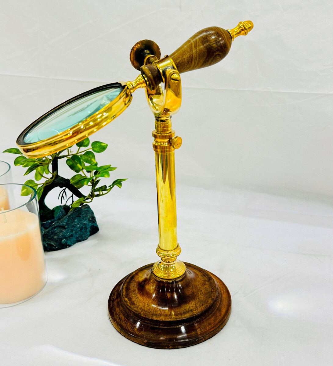 Solid Brass and Wood Adjustable Table Top Magnifying Glass Home and Office