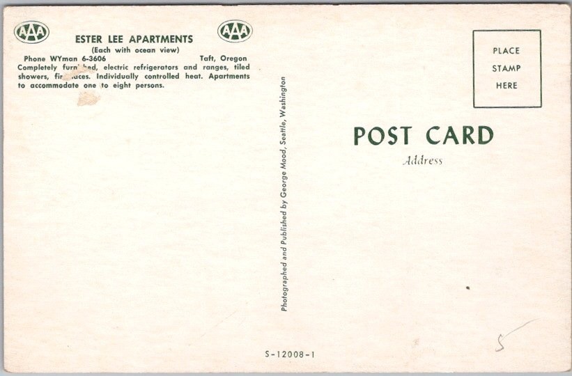 c1960s TAFT, Oregon Postcard “ESTER LEE APARTMENTS” Highway 101 Roadside Unused
