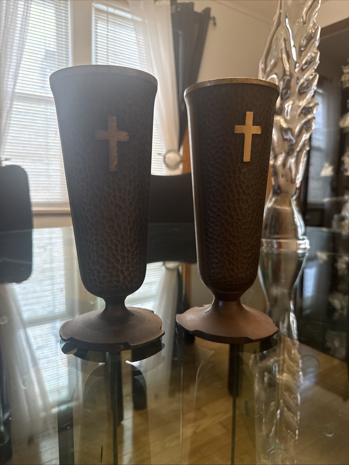 1 Solid Hammered Bronze Cemetery Memorial Flower Vase *Heavy *Cross *Dark Brown