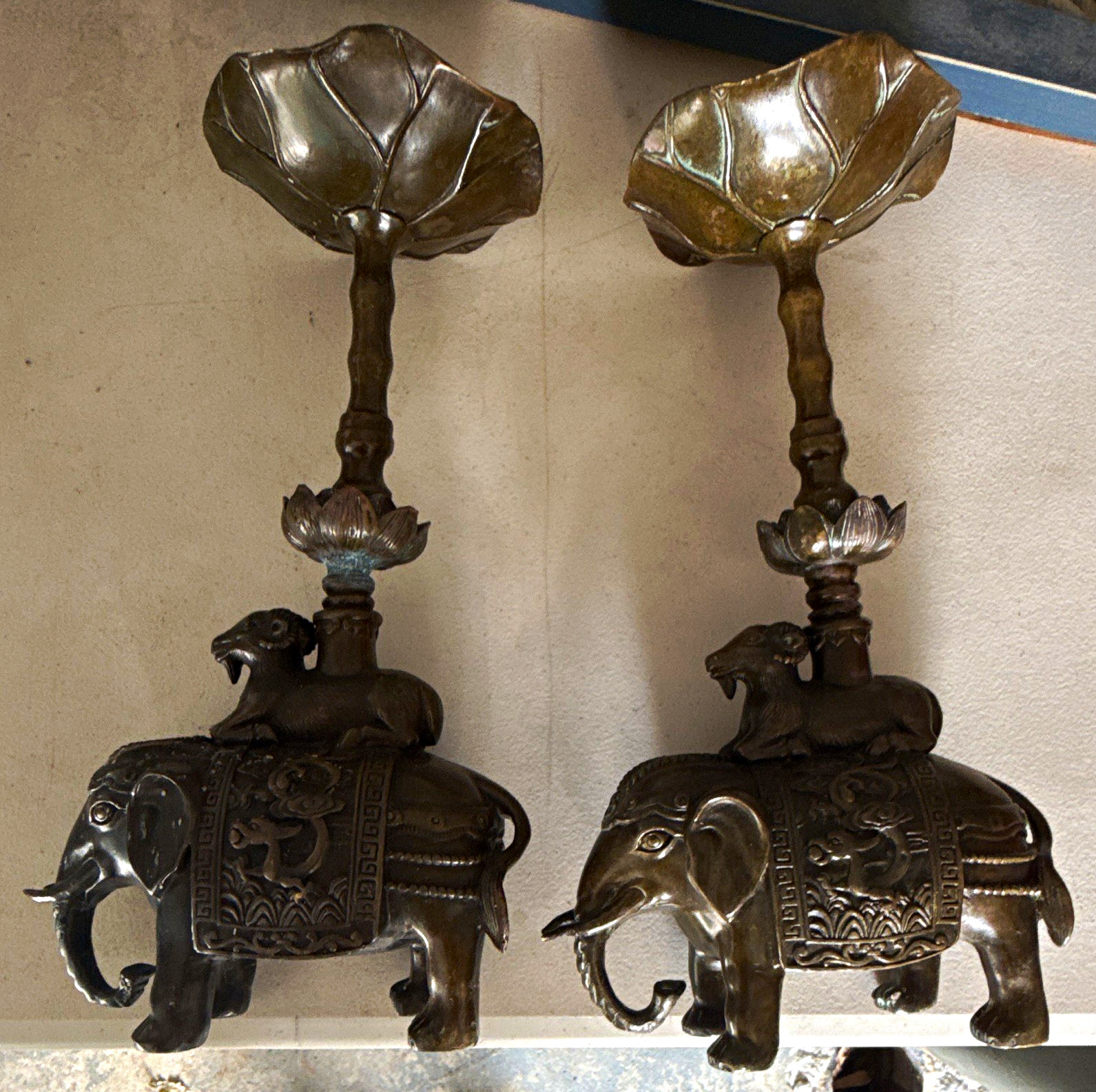 Pair of Buddhist Gilt Brass Elephant and Ram Candleholders