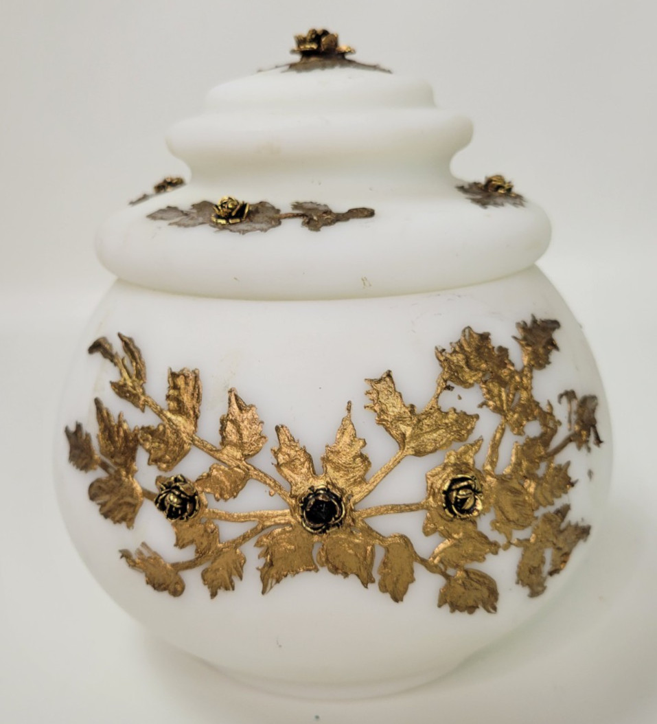 Vintage Milk Glass Hollywood Regency Covered Jar Dish Heavy Gilded Roses 7″