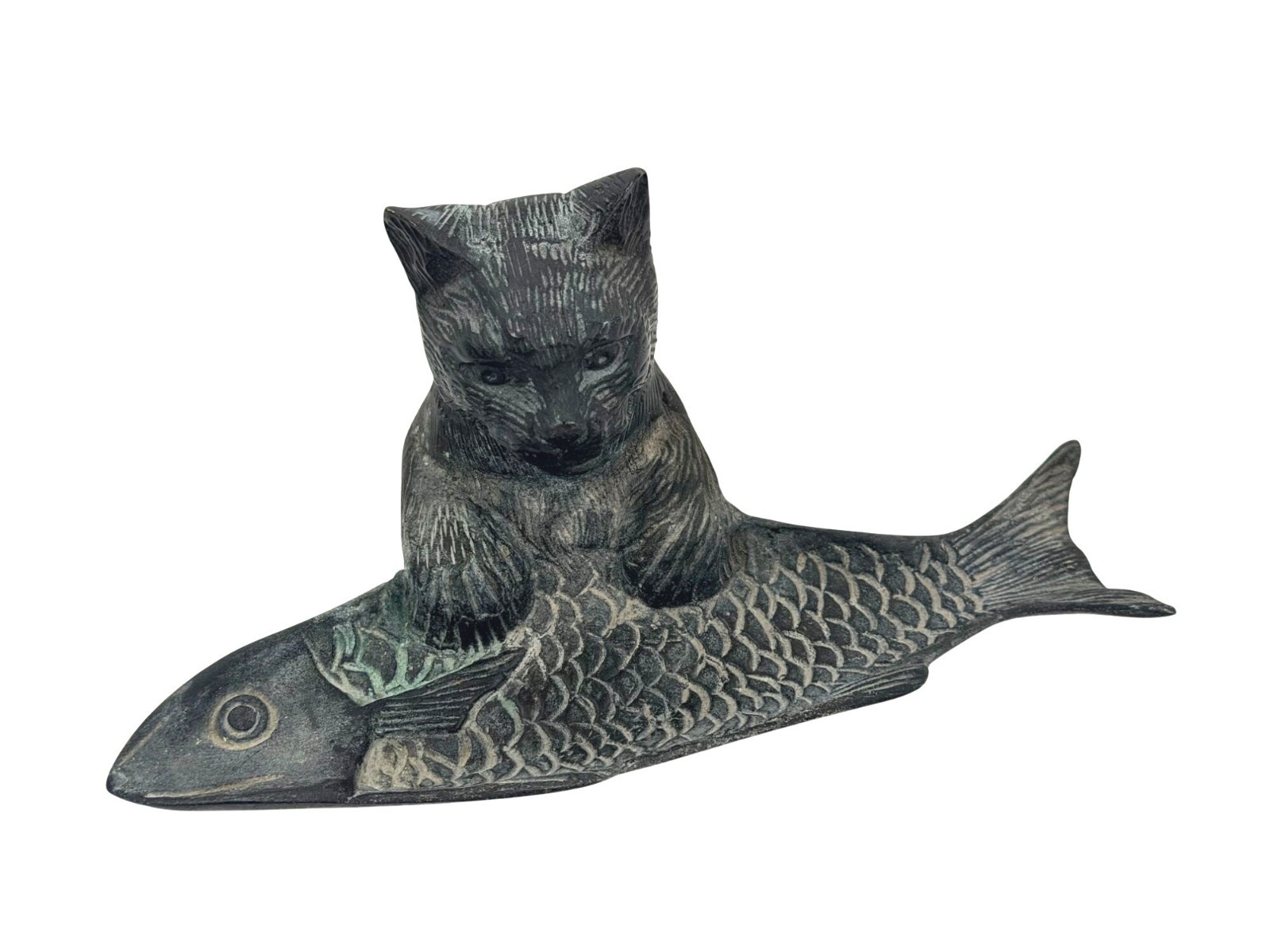 Vintage Bronze Cat Fish Pen Trinket Tray 8×4.75×3.5 Inches Decorative Sculpture
