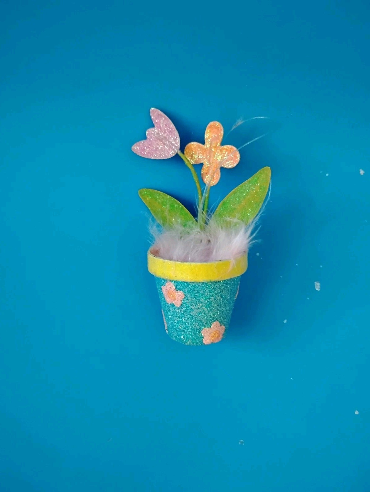 Pier 1 One Small Easter Spring Flowerpot Ornaments Glitter & Feathers Set Of 3