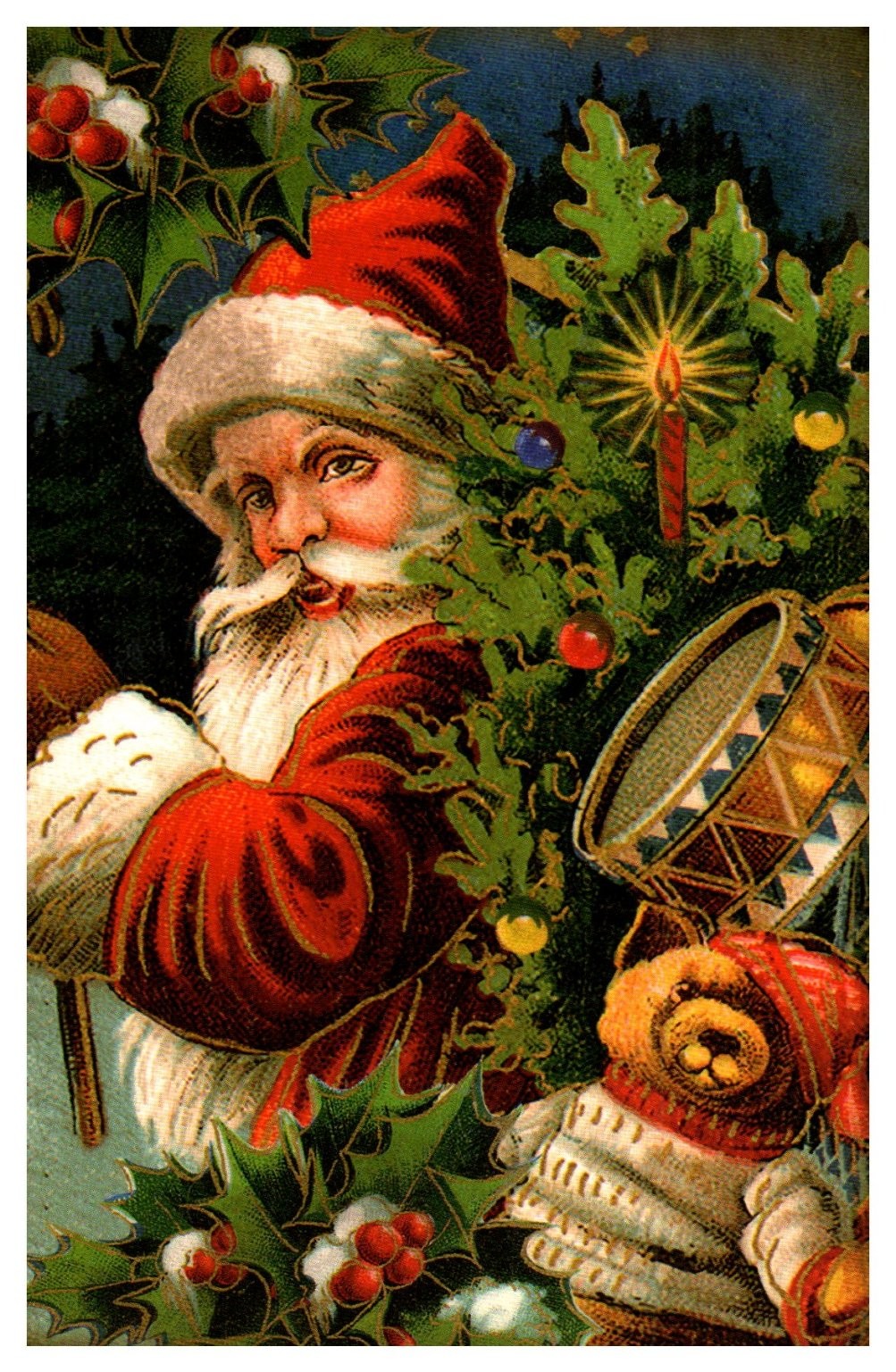 Vintage Style Santa Claus Christmas Tree Teddy Bear Drum Postcard Chrome