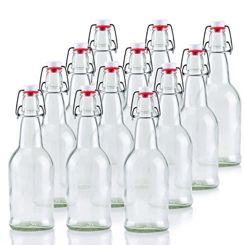 16 Ounce Clear Glass Beer Bottles for Home Brewing – 12 Pack with Flip Top Cap