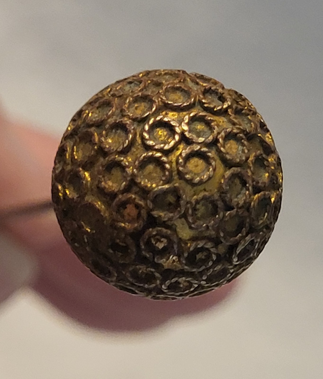 Antique Victorian Gold Tone Hat Pin 8″ Embossed Domed Brass Stick Pin Edwardian