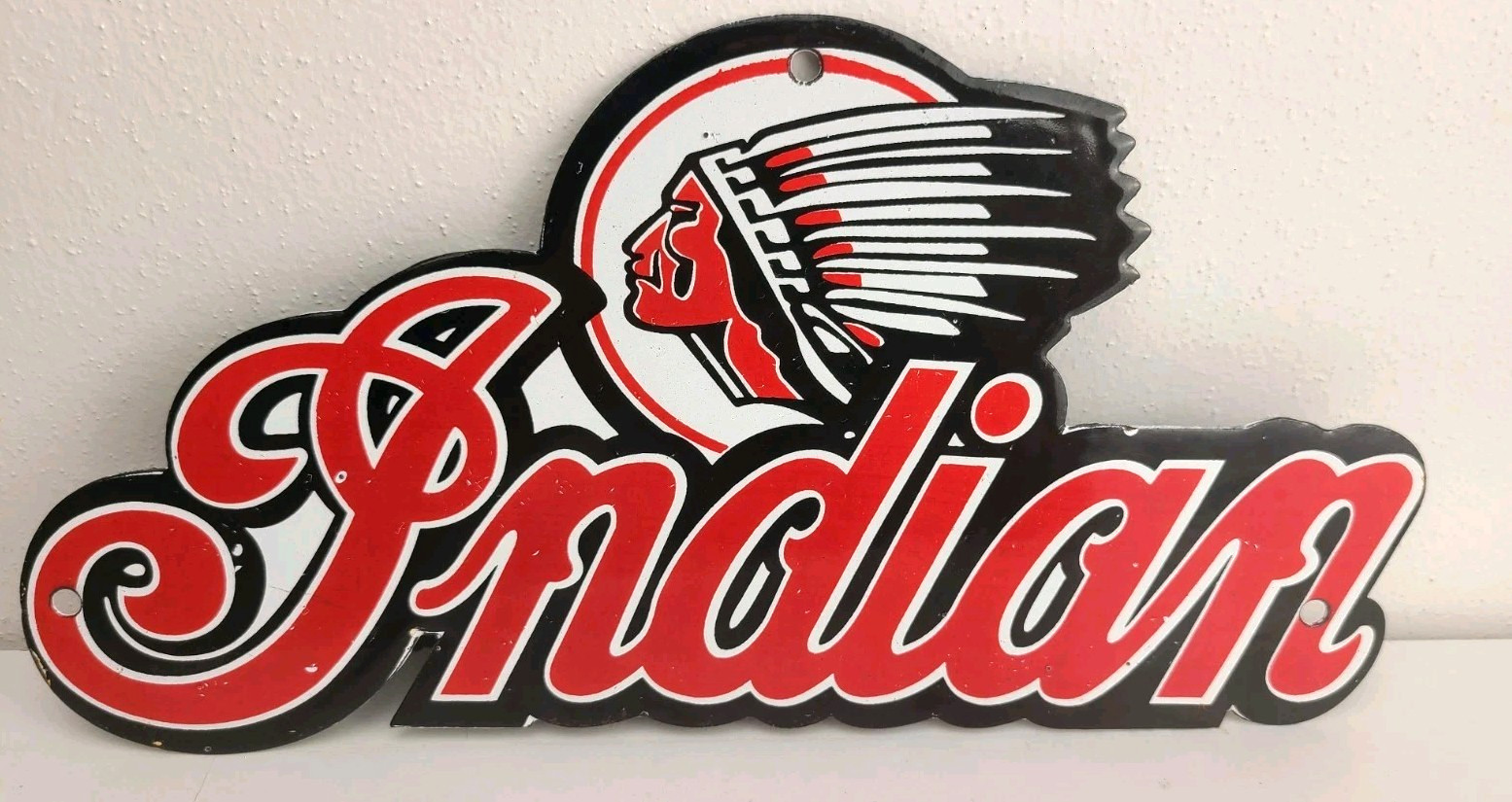 Vintage 12″ Porcelain Enamel Indian Motorcycle Advertising Sign, Bike, Oil, Gas