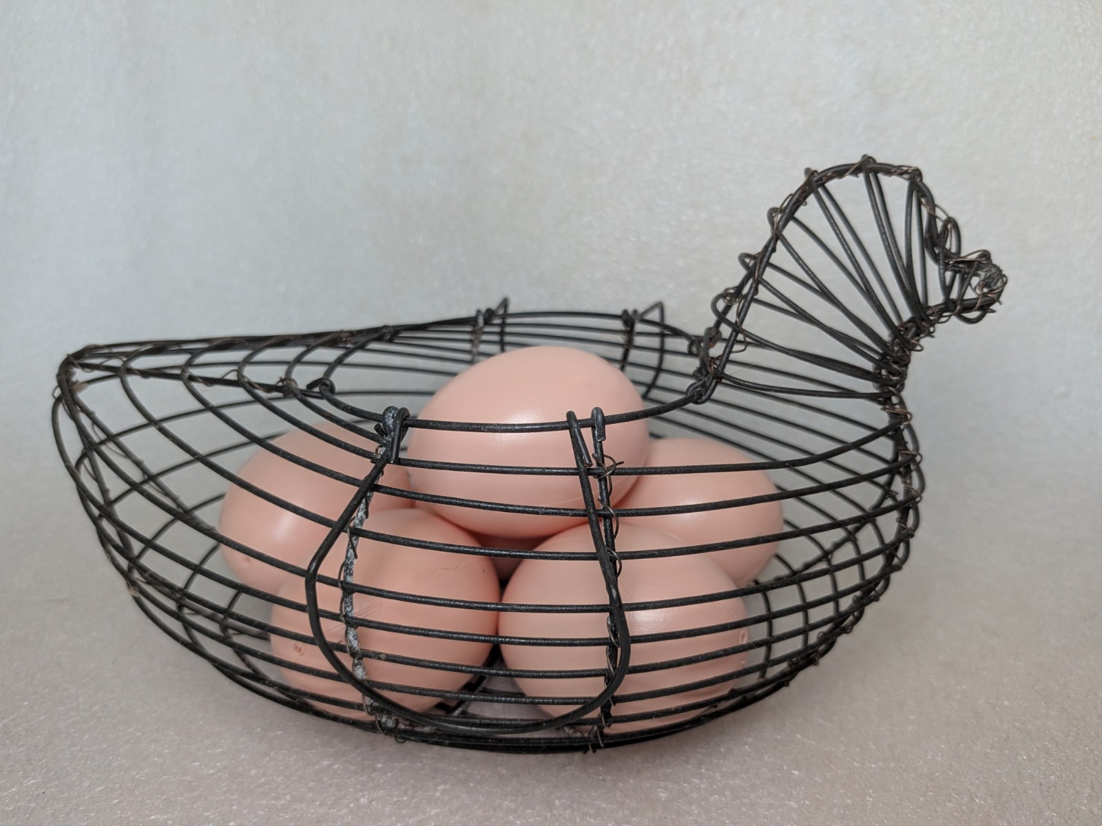 Vintage Wire Hen Shaped Basket Rustic Farmhouse Egg Gathering w/ Eggs 5 x 8 Inch
