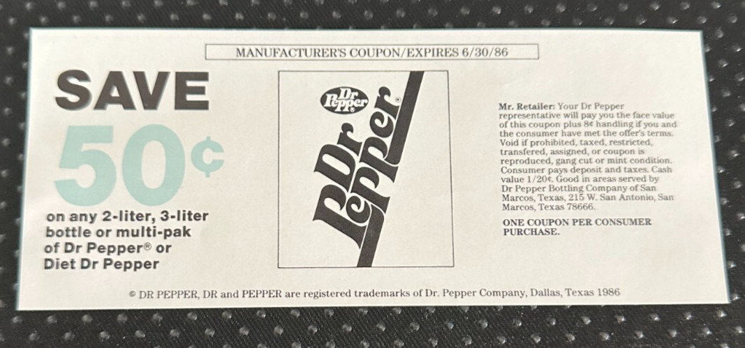 Vintage 1986 80s Dr Pepper Diet Dr Pepper Paper Coupon Soda Ephemera Advertising